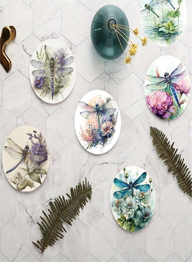 CALFOVERA 6PCS Dragonfly Floral Coasters 4 Inch Round Absorbent Wooden Cup Holders with Cork Base Tabletop Protection Coffee Mugs Wood Mats Coasters Saucers Pads for Drinks Christmas Decoration Gift - Image 3